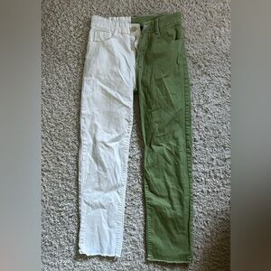 green and white jean pants